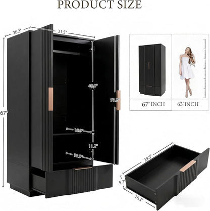 Brafab 67" Fluted Armoire Wardrobe Closet with Drawers, Black Cabinet