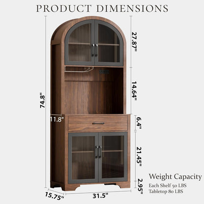 75" Tall Arched Pantry Cabinet with Charging Station & LED Light, Kitchen Pantry Cabinet with Microwave Stand, Drawers and Adjustable Shelf, Coffee Bar Liquor Cabinet for Dining Room
