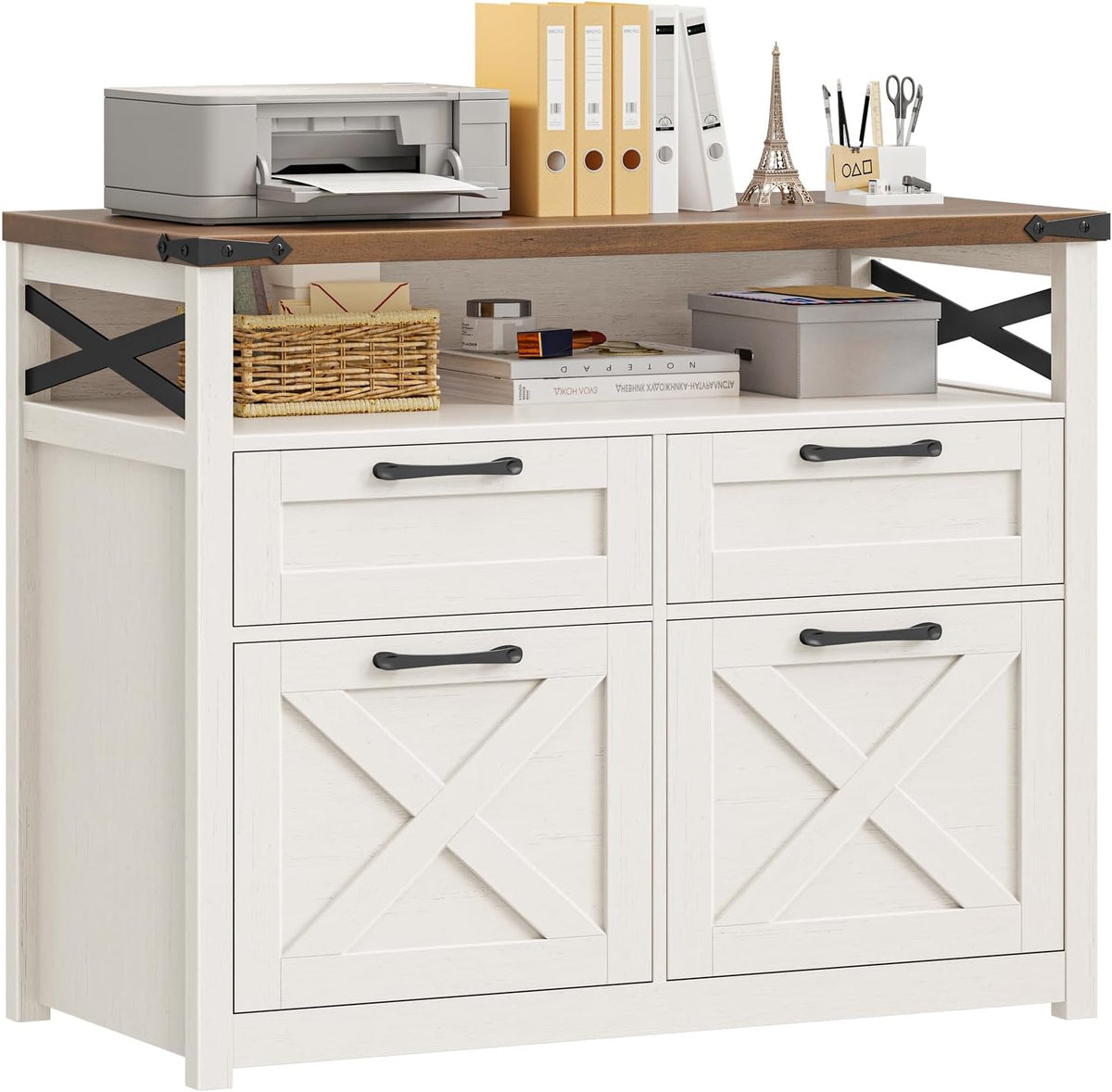 Farmhouse 4 Drawer File Cabinet with Open Storage Shelf, Lateral Filing Cabinet Fits Letter/A4/ Size, Home Office Filing Organizer, Document Storage Printer Stand for Office and Home. Uunique White