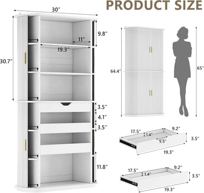 iPormis Kitchen Pantry with Sliding Doors, Tall Modern Curved Pantry Storage Cabinets with Drawer & Pull Out Shelves, 64-Inch Freestanding Wood Cupboard for Kitchen Dining Room Living Room, White