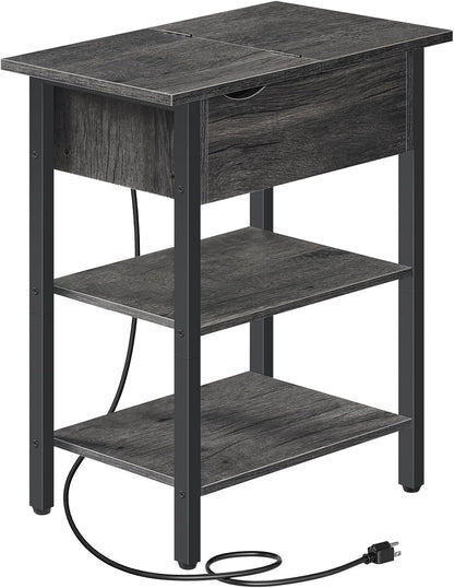 HOOBRO End Table with Charging Station, Narrow Side Table, Flip Top Nightstand with USB Ports and Outlets, Bedside Tables with Shelf for Small Spaces, Living Room, Charcoal Black BC341BZ01