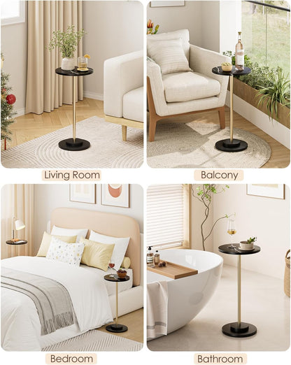 Round Side Table, Small Drink Table for Small Spaces, Modern Accent End Table with Metal Leg for Living Room, Bedroom, Corners, and Office (Black Marble)