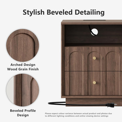 FORTUNETEC 17.7" Nightstand with Charging Station, Arched Design, Walnut