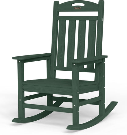 Oversized Outdoor Rocking Chair, High Back Porch Rocker Chair, HDPE All Weather Resistant Rocking Chairs for Patio, 380lbs Weight Capacity, Green