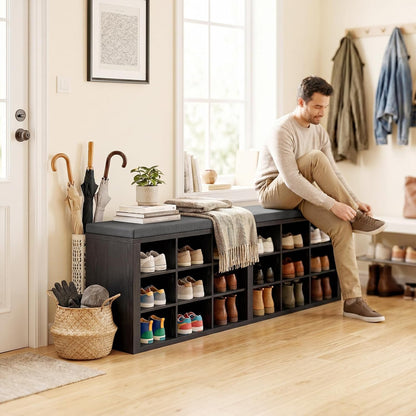 Shoe Rack Bench, Shoe Storage Bench with Cushion, Shoe Organizer 18 Cubbies for Entryway Hallway Bedroom Living Room, Holds Up to 400lbs