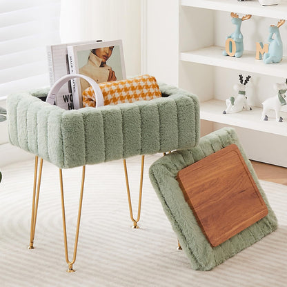Wimarsbon Faux Mink Fur Storage Ottoman, Modern Soft Footstool, Storage Bench with Metal Legs, Vanity Seat, Fur Stool, Ottoman Coffee Table, Makeup Chair, Vanity Stools for Bedroom (Light Green) | Luxurious soft faux mink fur upholstery, Sleek golden