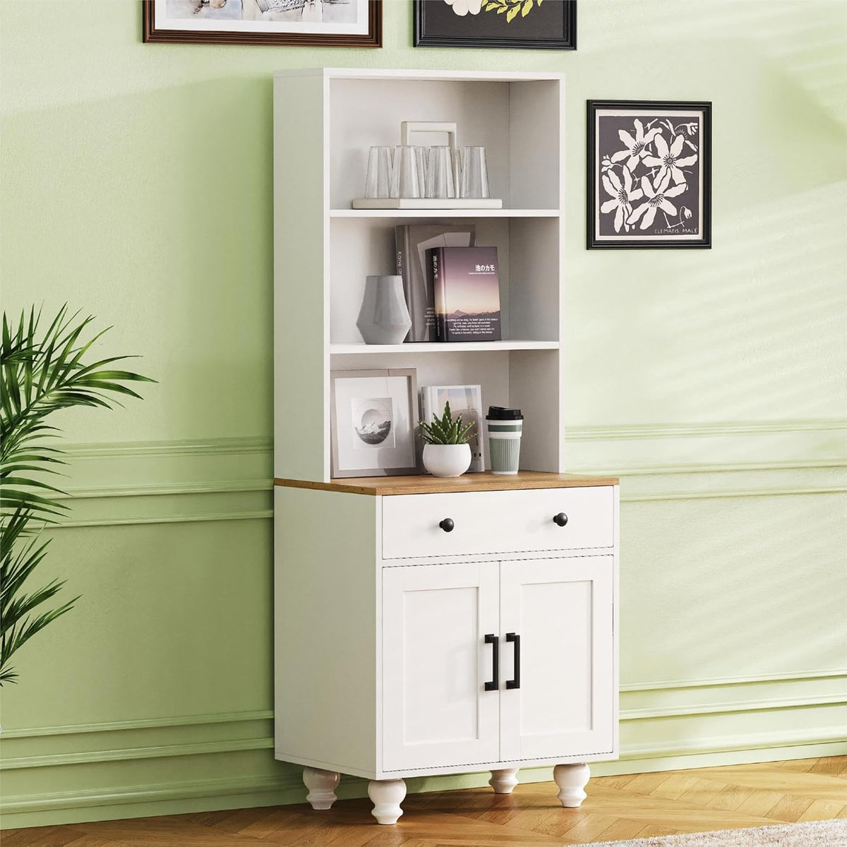 Farmhouse Kitchen Pantry Cabinet, 63'' Tall Storage Cabinet Wood Food Pantry with 2 Drawers & Adjustable Shelves, Kitchen Hutch Bookshelf for Dining Room (White)