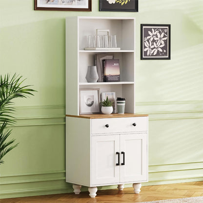 Farmhouse Kitchen Pantry Cabinet, 63'' Tall Storage Cabinet Wood Food Pantry with 2 Drawers & Adjustable Shelves, Kitchen Hutch Bookshelf for Dining Room (White)