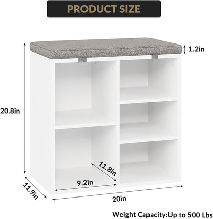 Shoe Bench with Padded Seat, 20'' Shoe Storage Bench with Adjustable Shelves & Side Pockets, 5 Cubes Storage Organizer for Entryway, Porch, Mudroom, Hallway(20''x12''x21''), White