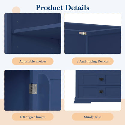 63.3" Traditional Freestanding Buffet Hutch with Storage Shelves & Organizer, Large Kitchen Pantry with Workstation (Blue17)
