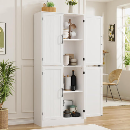 MHOM 71" Tall White Pantry Cabinet, Farmhouse Storage Cabinet with 4 Doors and Adjustable Shelves, Freestanding Pantry for Dining Room, Kitchen, and Living Room