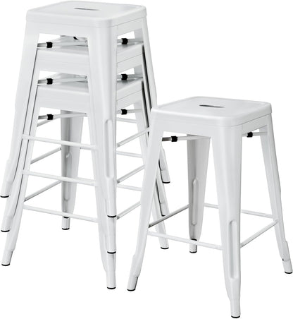 Yaheetech 24 Inch Metal Bar Stools Set of 4, Stackable Bar Chairs, White | No Assembly Counter Height Barstools with Footrest, 330 lb Load Capacity Patio Stools For Kitchen, Bar, Indoor & Outdoor Use