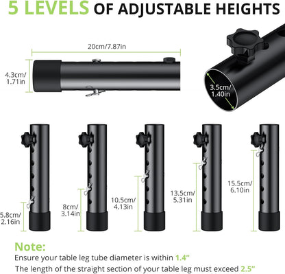 4Pack Folding Table Leg Extenders, 5 Levels Adjustable Height Rise Up to 6.1” Heavy Duty Steel Table Risers for Straight and Bent Legs Under 1.4" Diameters, Black