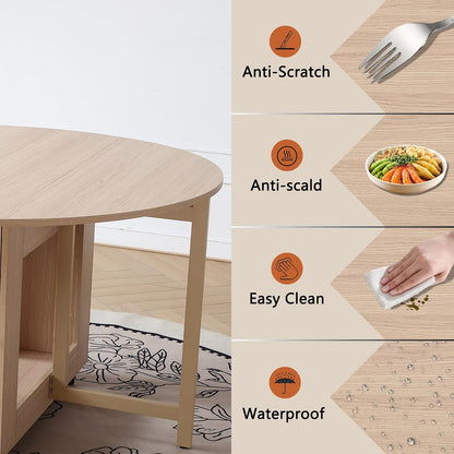 COMUHOME Wood Round Folding Dining Table with 2 Chairs, 47.3" Folding Table and Chairs with Storage Shelf Metal Legs for Home Dining Room Living Room, Space Saving Foldable Dining Table with 2 Chairs