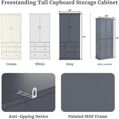 Kitchen Pantry Cabinet with Adjustable Shelves, 77 in | MDF, 4 doors, 8 door shelves, 3 adjustable shelves, slide-out compartments, kitchen pantry, 35 W x 17.7 D x 77 H in
