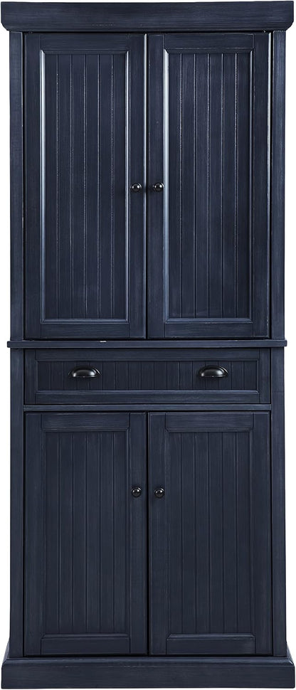 Crosley Furniture Seaside Coastal Pantry Storage Cabinet with Shelves, Kitchen, Dining, or Laundry Room, Distressed Navy