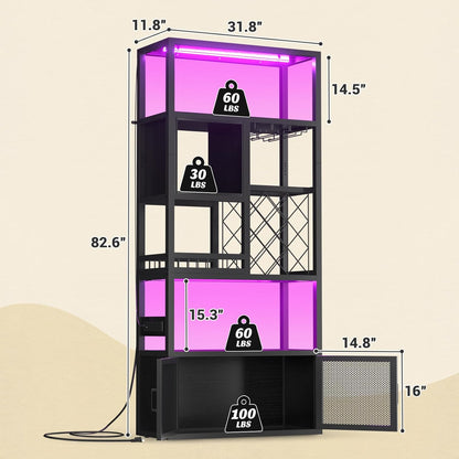 Armocity 82.6" Tall Bar Cabinet with Power Outlets & LED Lights, Liquor Cabinet Bar for Home, Reversible Coffee Station Wine Cabinet with Glass Holder & Wine Rack for Small Space, Black