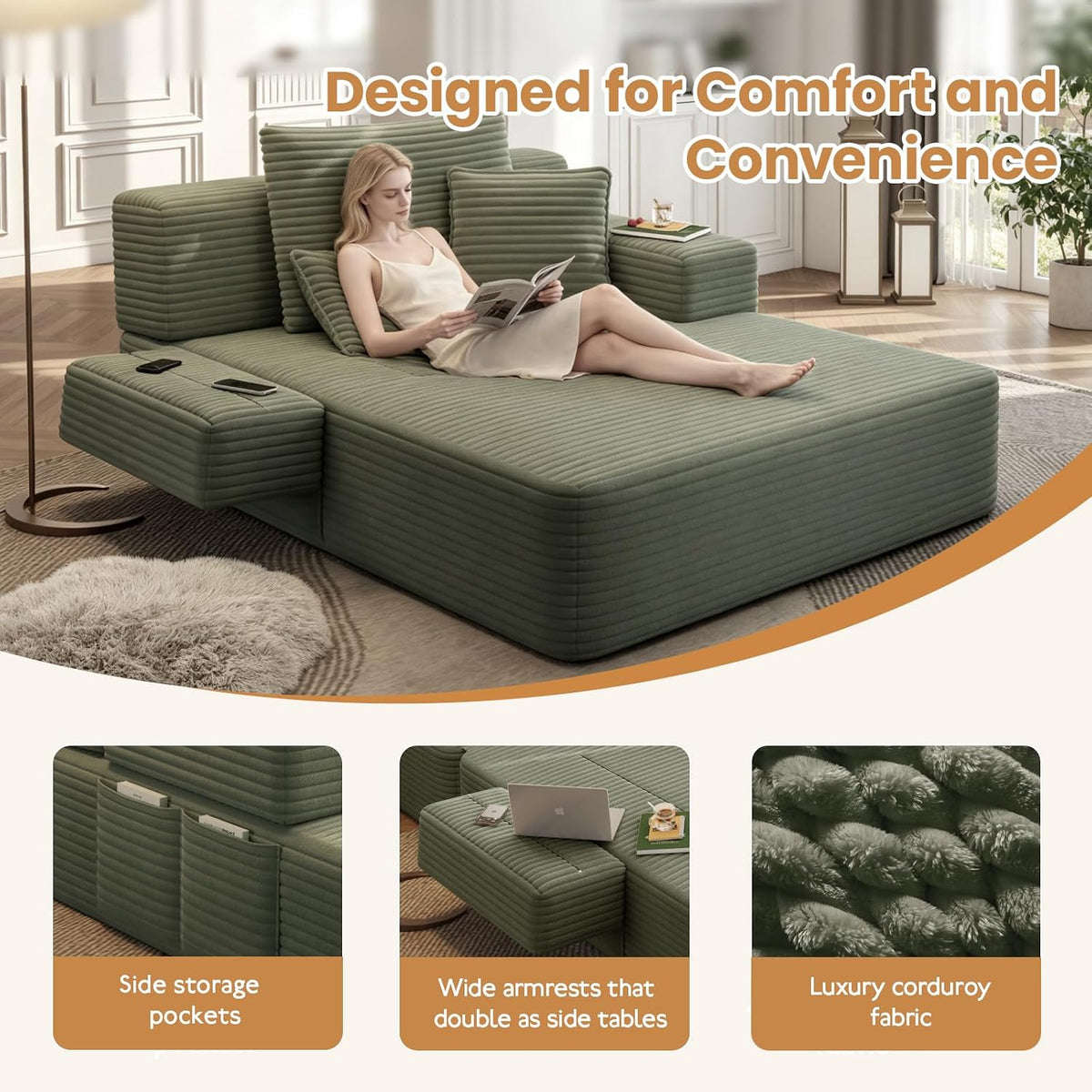 60.2 Inch Chaise Lounge Chair Indoor, Oversized Chaise Lounge with Adjustable Backrest and Armrests, Luxurious Corduroy Convertible Sofa Bed with Storage Pocket for Small Spaces, Apartment (Green)