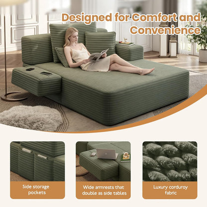 60.2 Inch Chaise Lounge Chair Indoor, Oversized Chaise Lounge with Adjustable Backrest and Armrests, Luxurious Corduroy Convertible Sofa Bed with Storage Pocket for Small Spaces, Apartment (Green)