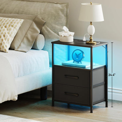 TRIFEBLE Nightstands Set of 2, Night Stand with Charging Station and Led Lights, Bedside Table with 2 Fabric Drawers for Bedroom, Small Side End Table with Open Shelf, Black