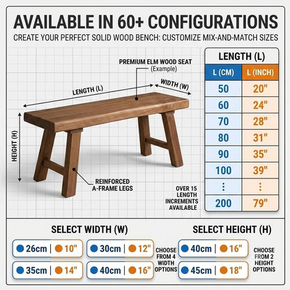 Solid Wood Bench for Entryway, 30" 36" 42" 48" 54" 60" Farmhouse Wood Dining Bench, Rustic Indoor Seating for Kitchen, Living Room & End of Bed(L: 28" x W:12" x H:18")