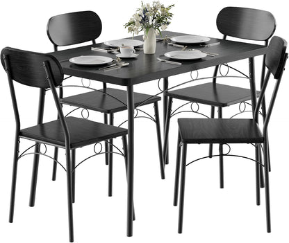 VECELO Dining Table Set for 4, 5-Piece Kitchen Table with 4 Chairs, MDF Board Tabletop with Metal Frame for Small Space, Compact Dinette, Breakfast Nook, Matte Black