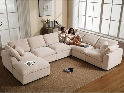 Oversized Modular Sectional Sofa, 7 Seater Cloud Couch with Ottoman | 130" Beige, Large U Shaped Convertible Corner Sofa In Chenille Fabric, Solid Wood Frame, for Spacious Living Room