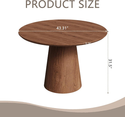 43" Round Dining Table Modern for 4, Natural Wood Grain Circle Kitchen Table with Cone Wood Pedestal Base, Mid Century Circular Dining Table for Living Room, Walnut