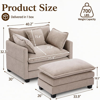 41" Oversized Chair with Ottoman, Chenille Reading Chair and a Half, Deep Seat Comfy Armchair with Pillows for Living Room, Bedroom, Apartment, Home Office (Coffee)