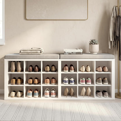AMONIDA Shoe Storage Bench with Cushion, Entryway Bench with Shoe Storage,18 Cubby Shoe Bench with Removable Dividers, Shoe Organizer Bench for Entryway, Living Room, Light Grey (18, White)