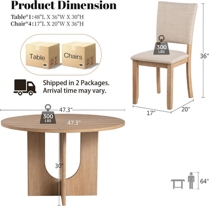 leovanni Round Dining Table Set for 4, Kitchen Table with 4 Upholstered Chairs, 5-Piece Wood Dining Table and Chairs Set for Kitchen, Patent Pending