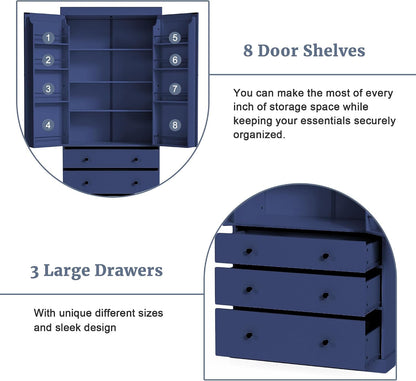 77inch Farmhouse Kitchen Pantry, Freestanding Tall Cupboard Storage Cabinet with 3 Adjustable Shelves, 8 Door Shelves, 3 Drawers for Kitchen, Dining Room, Blue