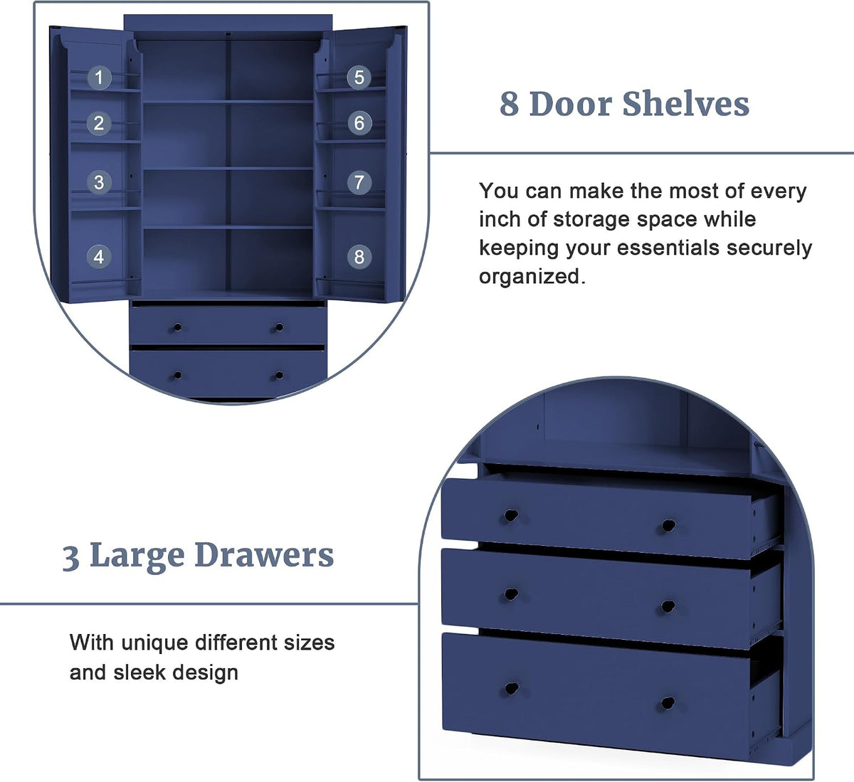 Pantry with 8 Door Shelves and 3 Drawers, 77inch Farmhouse Freestanding Tall Cupboard Storage Cabinet with 3 Adjustable Shelves for Kitchen Room (Blue)