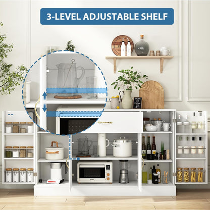 55" Kitchen Pantry Cabinet, Large Storage Cupboard with Doors and Shelves, White Kitchen Storage Cabinet with Drawer, Versatile Buffet Sideboard for Dining Room and Craft Room