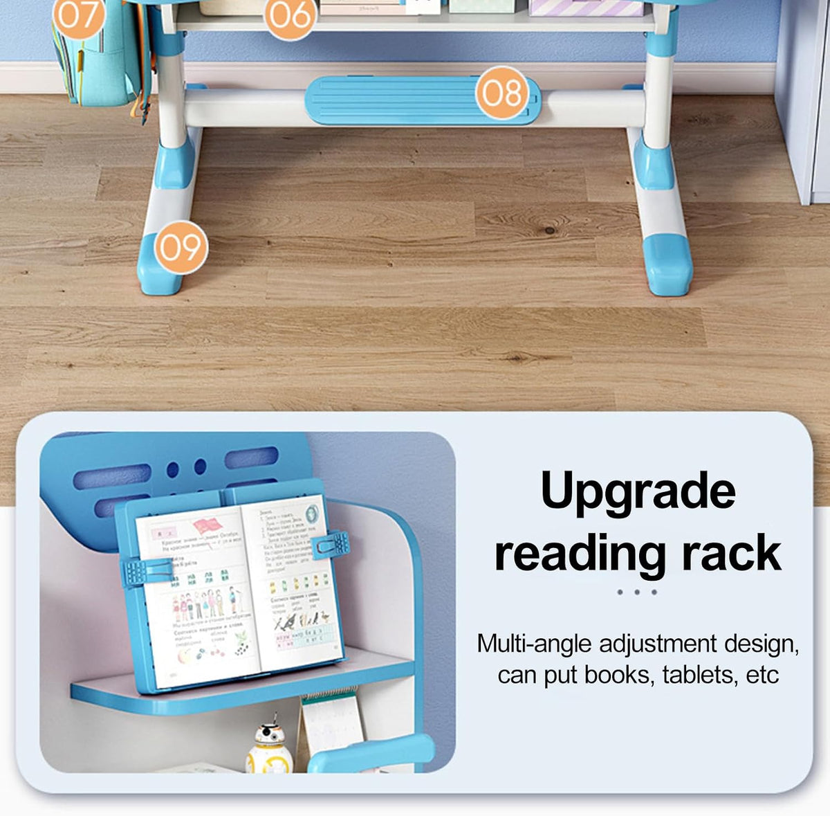 Kids Desk and Chair Set | Adjustable Study Table with Bookshelf & Drawer, Astronaut Theme for Boys and Girls, Ages 3-18 (Pink/Blue) (Blue)