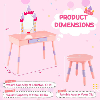 Costzon Kids Vanity Set, Girls Vanity Set with Mirror and Stool, Princess Makeup Dressing Table with Drawer, Growth Chart, Floating Shelves, Kids Vanity Table and Chair Set, Pink