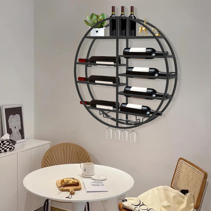 23.6 Inch Wall Mounted Wine Rack w/Glass Holder, Round Iron Wine Shelf, 7 Bottle Horizontal Storage & 4 Glass Hanging Rail, Modern Floating Display for Kitchen & Bar (Black/Gold) (Black)