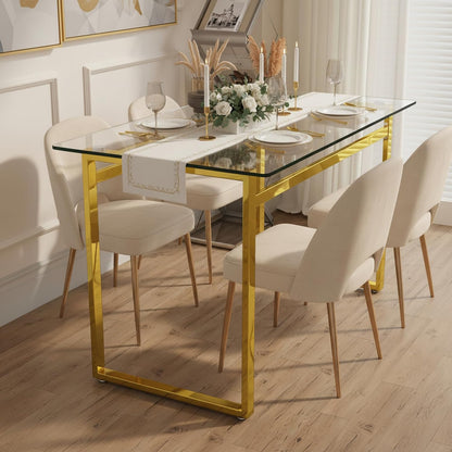 51''Glass Dining Table, Modern Rectangle Kitchen Table with Tempered Glass Tabletop and Metal Leg for 4, Writing Table Desk, for Kitchen Dining Living Room (Golden)