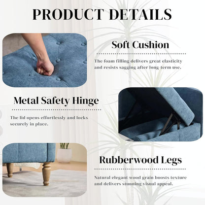 Aoiy & Wifon 64.57" W End of Bed Bench King Size, Upholstered Large Storage Ottoman Bench with Bolster Pillows & Armrest, Window Seat Bench for Living Room Bedroom, Chenille, Blue