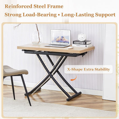 Adjustable Height Coffee Table to Dining Table, Lift Top Foldable Dining Table with Expandable Top & Wheels, Convertible Coffee Table for Small Spaces & Apartments