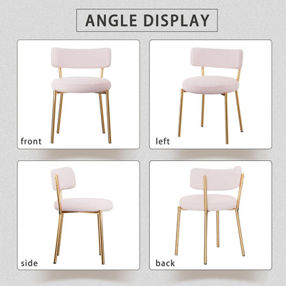 Boucle Dining Chairs Set of 2, Modern Round Upholstered Dining Chairs, Curved Backrest Kitchen Dining Room Chairs, Mid-Century Pink Dining Chair with Golden Metal Legs