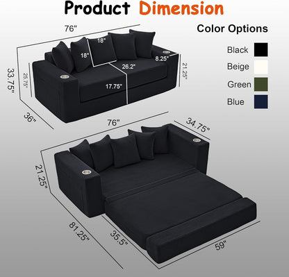 76" Convertible Sofa Bed, Corduroy Couch with Cup Holders & Pocket | 2-in-1 Sleeper Sofa, Pull-out Couch Bed with 5 Pillows, Living Room, Small Spaces, Bedroom, No Assembly
