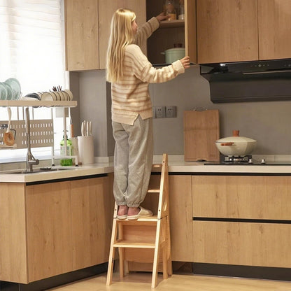 Solid Wood 3-in-1 Folding Ladder Chair, Convertible Step Stool & Display Rack, 4-Tier Multi-Functional Ladder, Dual Purpose for Home, Kitchen, Library, 265 lbs Capacity (Walnut Color, 13 x 18 x 35 in)