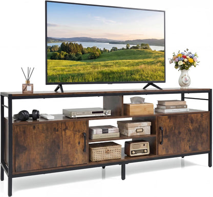 Tangkula Industrial TV Stand for TVs up to 65”, Entertainment Center with 2 Storage Cabinets & 4 Open Shelves, Wooden TV Cabinet with Raised Metal Legs, Media TV Console Table (Backless, Rustic Brown)