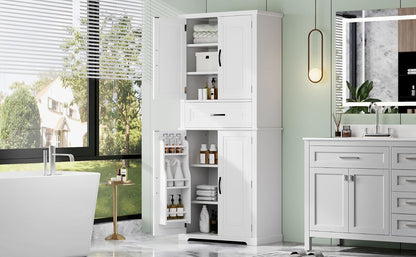 72 Inch Storage Cabinet, Tall Kitchen Pantry Cabinet with Slide Rails Drawer and Adjustable Shelf, Linen Storage Cabinet with Doors and Functional Storage Rack, for Bathroom or Kitchen, White