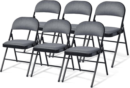 GOFLAME 6 Pack Folding Chairs, Fabric Dining Chair Set with Padded Seat & Metal Frame, Indoor Outdoor Upholstered Commercial Seat for Home Office Events Wedding Party, Grey & Black