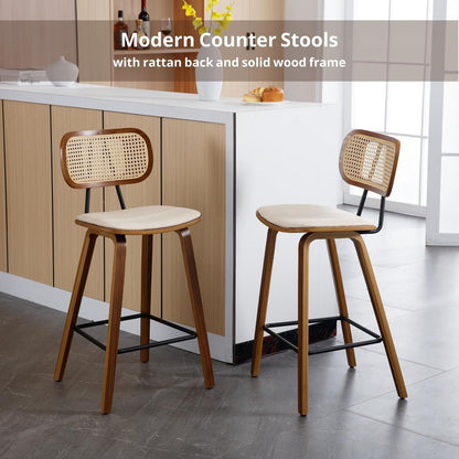 HEAH-YO Rattan Counter Stools Set of 2, 26 Inches Counter Height Bar Stools with Backrests and Wood Legs, Modern PU Leather Rattan Stool for Kitchen Island, PU Beige