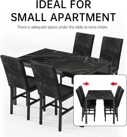 AWQM Products 5-Piece Marble Dining Set, Modern Kitchen Table and Chairs for Dining Room, Compact Space Saving Furniture, Dinette, 4 Upholstered Velvet Chairs - Black