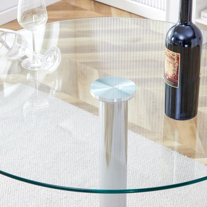 A Glass Tabletop with a Diameter of 35 inches and a Modern Minimalist Circular Dining Table with electroplated Silver Metal Legs. Suitable for Restaurants, Living Rooms, and Conference Rooms.BT-1166