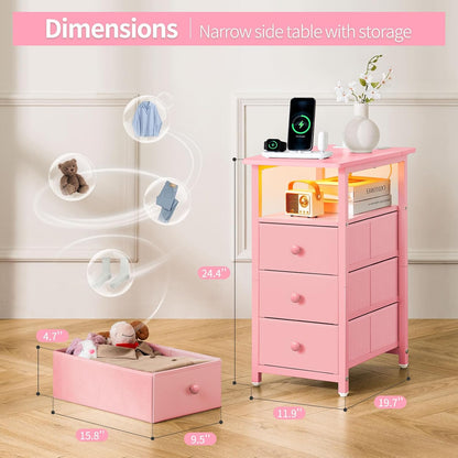 Yoobure End Table with Charging Station, Pink Narrow Nightstand LED Bedside Table, Small Night Stand End Tables Living Room, Skinny Nightstand with 3 Fabric Drawers, Side Table for Small Spaces